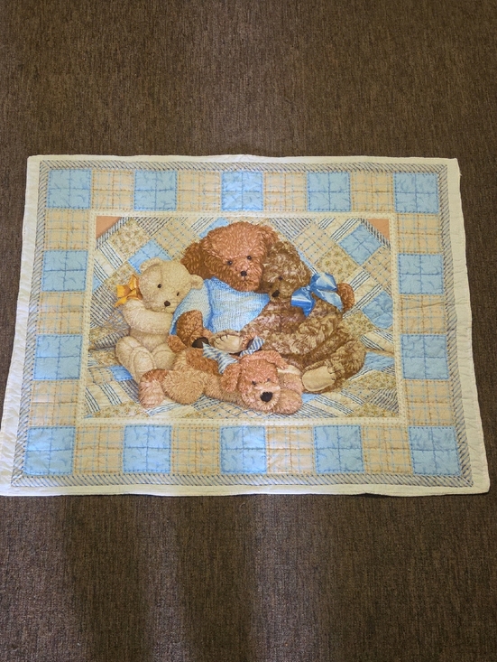 Handmade Other - Teddy Bear Patchwork Baby Quilt - Blue & Cream 41x33